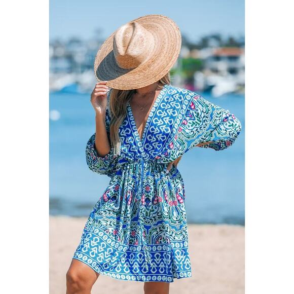 Cupshe Blue Boho Paisley V-Neck Puff Sleeve Mini Dress/Swimsuit Cover Up ~ NEW - Picture 3 of 11